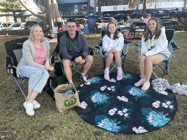 Claire Coffen, Dale Coffen, Sarah and Eva at Cowes Foreshore on Phillip Island for the 2024 New Year's Eve fireworks. Picture: Jack Colantuono