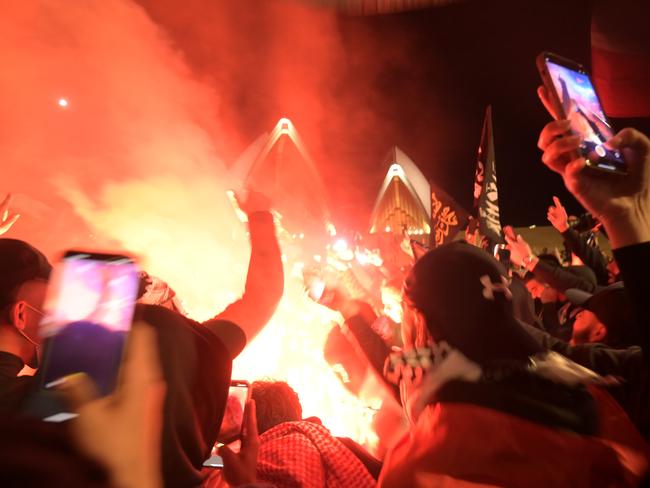 Pro-Palestinian protestors at the Opera House on Monday night. Picture: NCA NewsWire