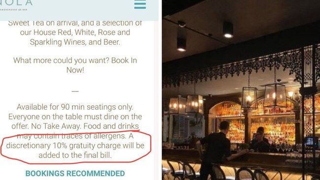 A diner was furious after noticing a 10% gratuity charge added to his bill at Sydney’s NOLA restaurant. The restaurant said it was ‘mandatory’ in an online review, but later clarified it was optional
