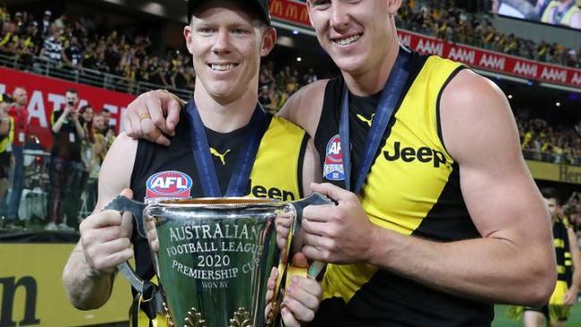 Jack Riewoldt and Tom Lynch with the premiership cup. Picture: Getty Images