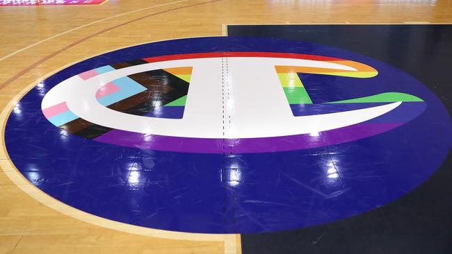 The Champion pride logo on the court at Melbourne’s State Basketball Centre. Picture: Kelly Defina/Getty Images