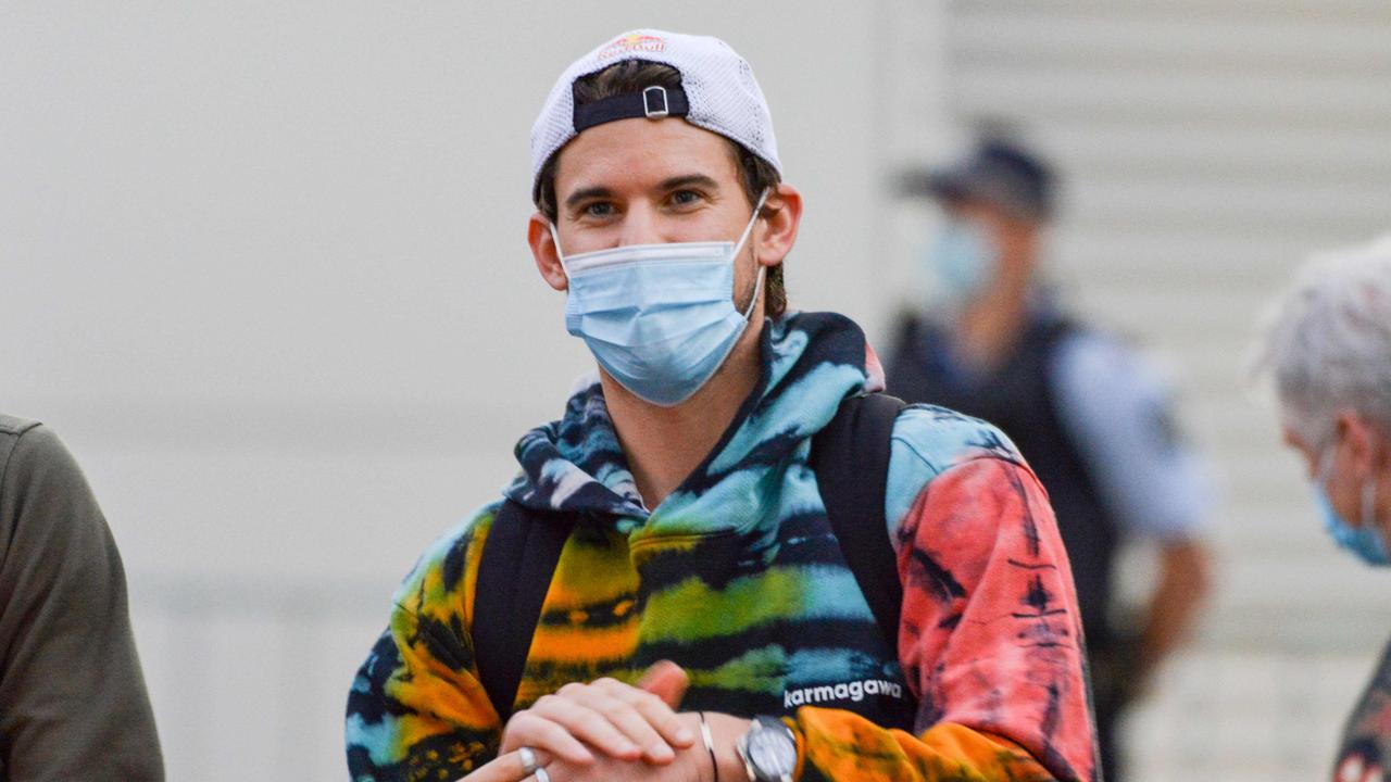 Austrian tennis player Dominic Thiem arrives before heading straight to quarantine for two weeks isolation ahead of their Australian Open warm up matches in Adelaide on January 14, 2021. (Photo by Brenton EDWARDS / AFP)