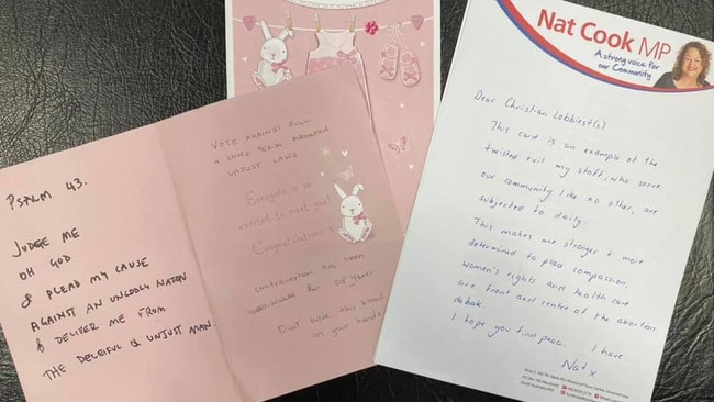 Labor MP Nat Cook has called out "Christian Lobbyists" for sending baby cards to her office in response to her campaign for changes to SA abortion laws. Picture: Facebook