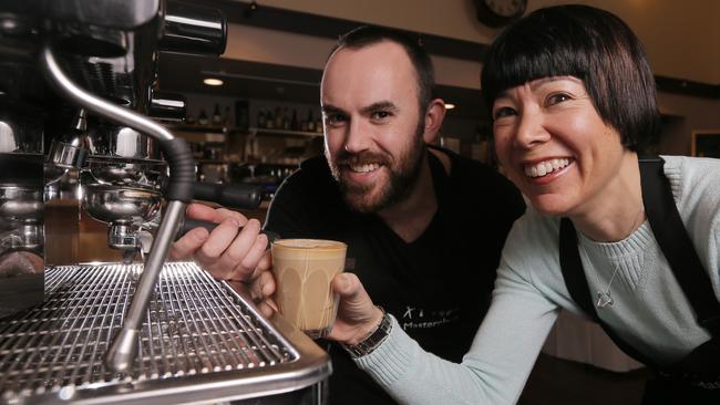 TasTafe Masterclass Launch at Drysdale House. Christina May from Lindisfarne gets some pointers from Will Priestley of Pilgrim Coffee