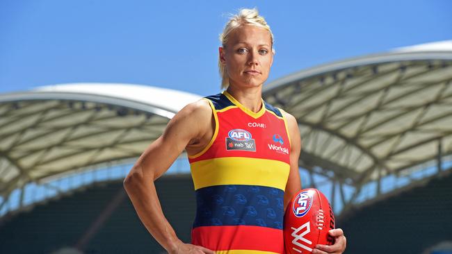 Crows star Erin Phillips at Adelaide Oval ahead of the first AFL women’s game. Picture: Tom Huntley