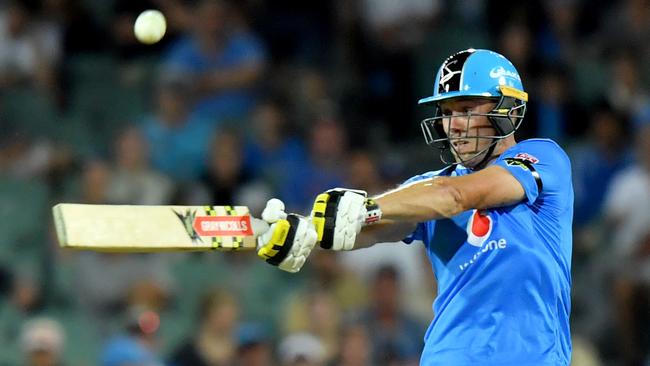 Phil Salt hits a six during his whirlwind inning for the Strikers. Picture: AAP Image/Sam Wundke