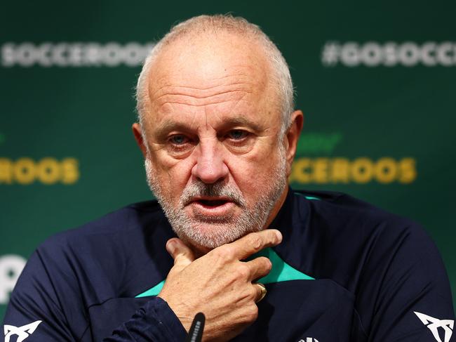 LONDON, ENGLAND - OCTOBER 16: Graham Arnold, Head Coach of Australia, speaks to the media during the Australia Subway Socceroos media access at Hilton London Syon Park on October 16, 2023 in London, England. (Photo by Bryn Lennon/Getty Images)