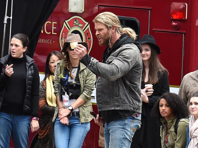 Hollywood actor Chris Hemsworth acts a scene during the filming of the movie Thor: Ragnarok in Brisbane. Picture: AAP