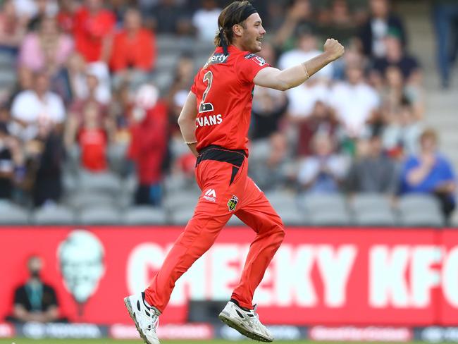 MELBOURNE, AUSTRALIA - JANUARY 20: Zak Evans of the Renegades celebrates taking the wicket of Nathan Coulter-Nile of the Stars during the Big Bash League match between the Melbourne Renegades and the Melbourne Stars at Marvel Stadium, on January 20, 2021, in Melbourne, Australia. (Photo by Robert Cianflone/Getty Images)
