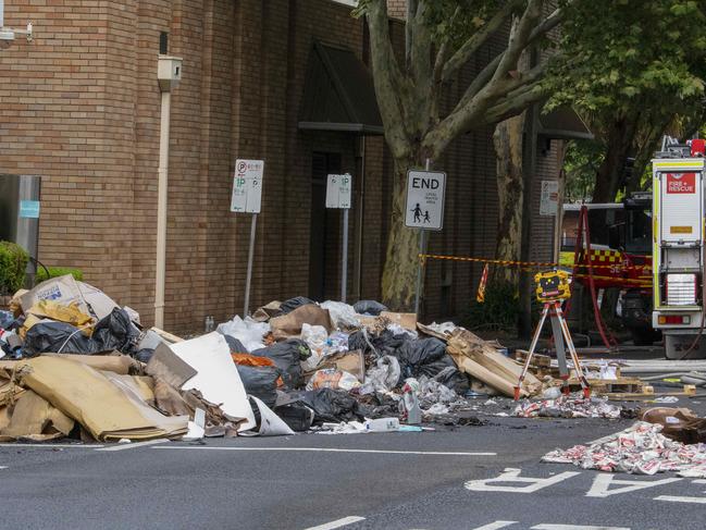 The contents of a garbage truck on the street in Mascot, Sydney. Picture: NewsWire / Simon Bullard.