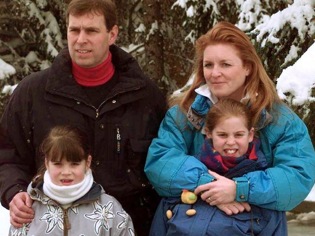 Prince Andrew, then wife Sarah Ferguson and daughters Beatrice (right) and Eugenie at Verbier in 1999. Picture: Supplied