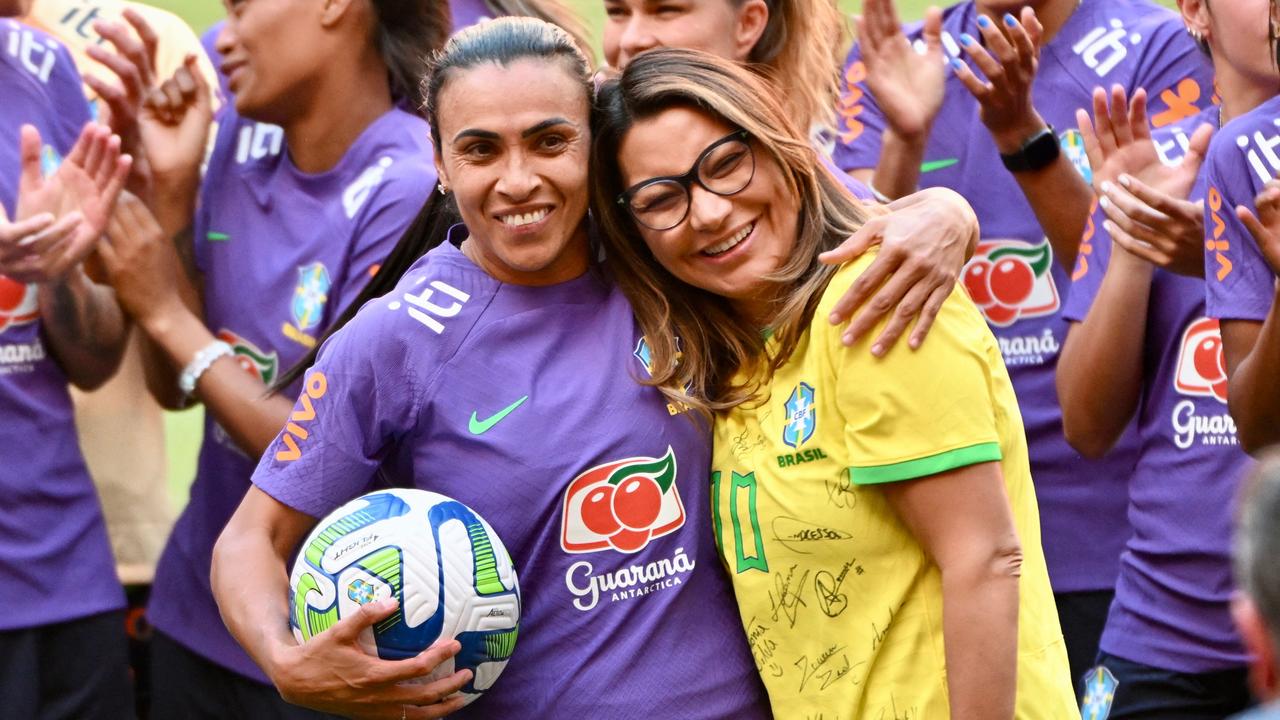 Brazil superstar Marta (L) will compete in her sixth World Cup. Here she stands with Brazilian First Lady Rosangela "Janja" da Silva.