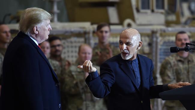 US President Donald Trump with then-Afghan president Ashraf Ghani at Bagram Air Field in November 2019. Picture: AFP