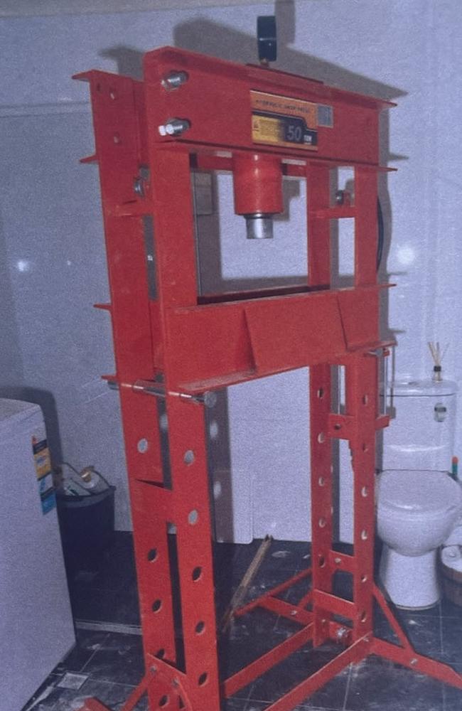 The hydraulic press found in Ms Hynes’ bathroom. Picture: Supplied