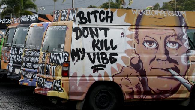 Some of the Wicked campers with offensive slogans that have been banned elsewhere. Picture: ANNA ROGERS