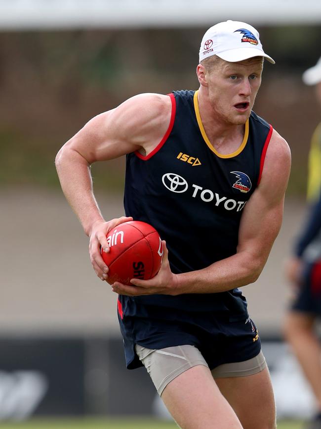 Reilly O'Brien during Adelaide Crows training at Noarlunga Oval in December. Picture: AAP Image/Kelly Barnes