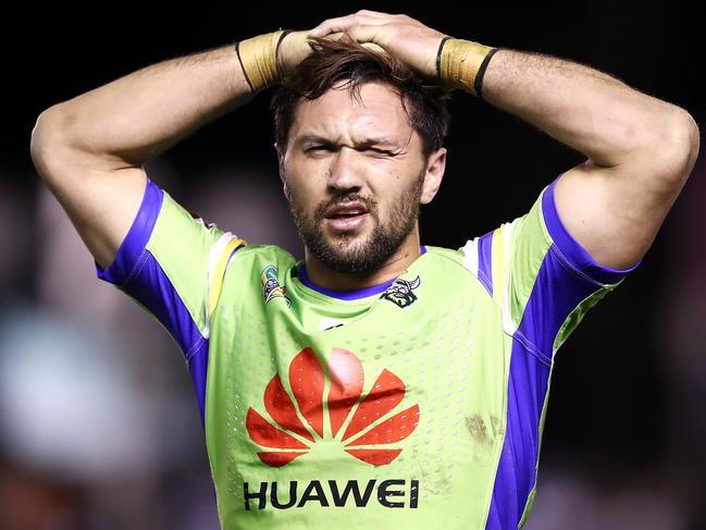 SYDNEY, AUSTRALIA - JULY 20: Jordan Rapana of the Raiders looks dejected after defeat during the round 19 NRL match between the Cronulla Sharks and the Canberra Raiders at Southern Cross Group Stadium on July 20, 2018 in Sydney, Australia. (Photo by Mark Kolbe/Getty Images)