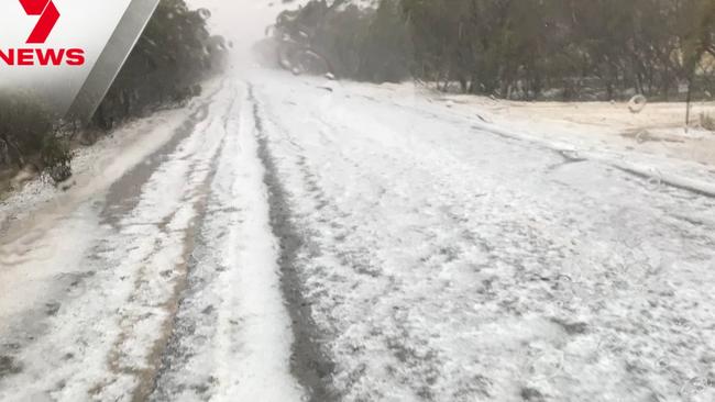 Hail covering the roads on Mallee Highway. Picture: 7NEWS