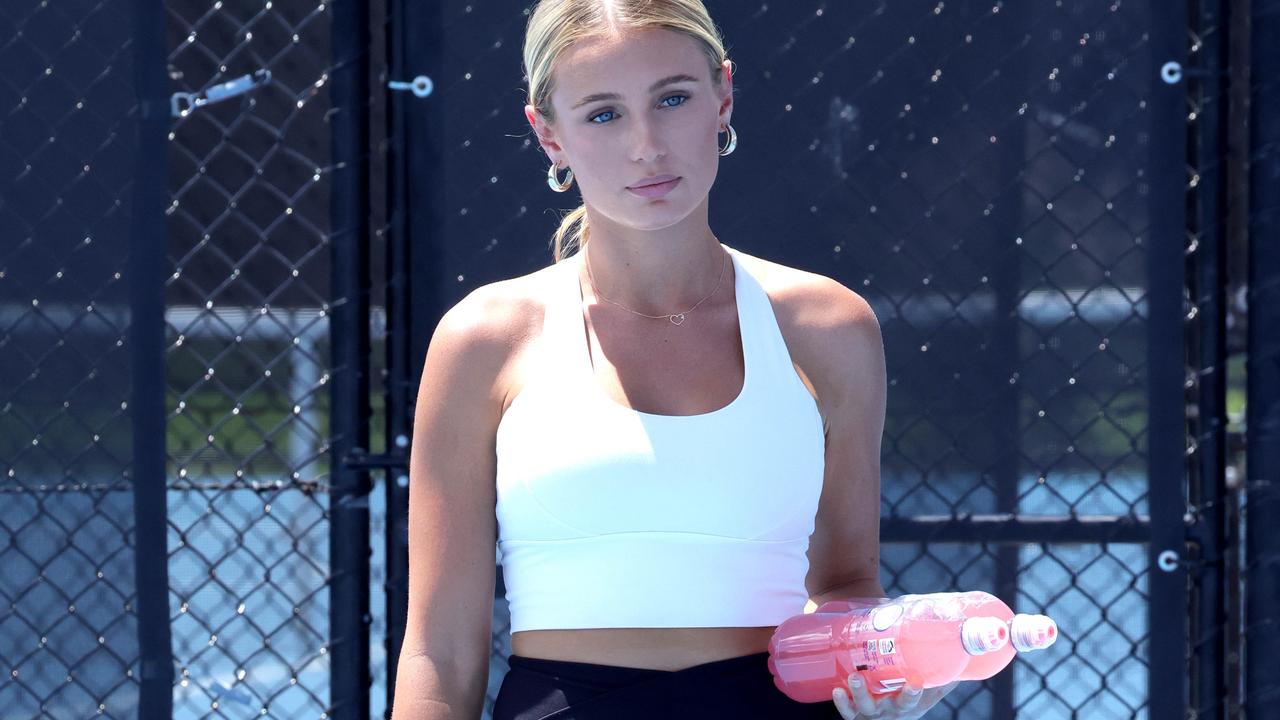 Bernard Tomic's girlfriend Keely Hannah watches on during his three-set battle against fellow Aussie on the comeback trail Jason Kubler. Picture: Steve Pohlner