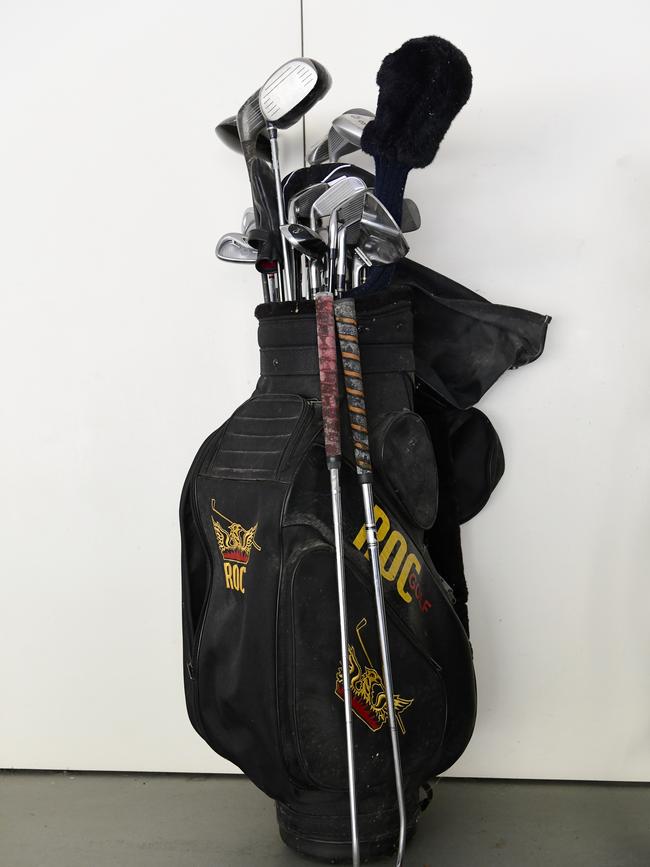 A set of golf clubs owned by former prime minister Bob Hawke are seen at his home in Northbridge, Sydney, Wednesday, August 21, 2019. A range of items belonging to Bob Hawke and Blanche D'Alpuget will go to auction on August 27. (Bianca De Marchi)