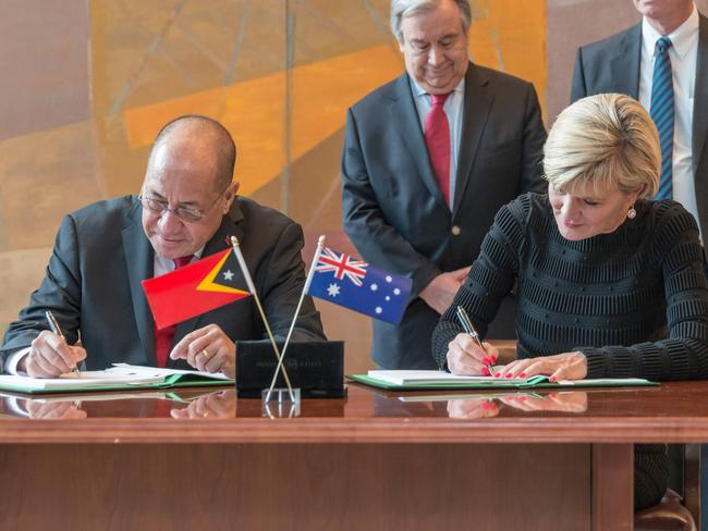 Australian Minister for Foreign Affairs Julie Bishop is seen at offering remarks following the signing of a maritime borders treaty between Australia and Timor-Leste at UN Headquarters in New York, NY, USA on March 6, 2018. 06 Mar 2018 Pictured: Deputy Minister of the Prime Minister for the Delimitation of Borders for Timor-Leste Agio Pereira (L) and Australian Minister for Foreign Affairs Julie Bishop (R) are seen at during the signing of a maritime borders treaty between Australia and Timor-Leste at UN Headquarters in New York, NY, USA on March 6, 2018. (Photo by Albin Lohr-Jones/Sipa USA). Photo credit: Albin Lohr-Jones/Sipa USA / MEGA  TheMegaAgency.com +1 888 505 6342