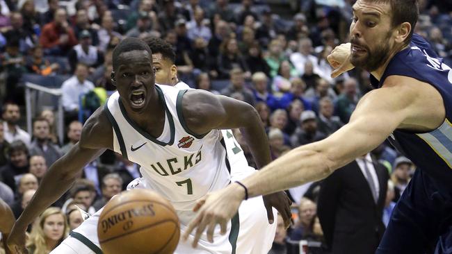 Thon Maker is battling players who greatly outweigh him, like Memphis’ Marc Gasol. Picture: AP