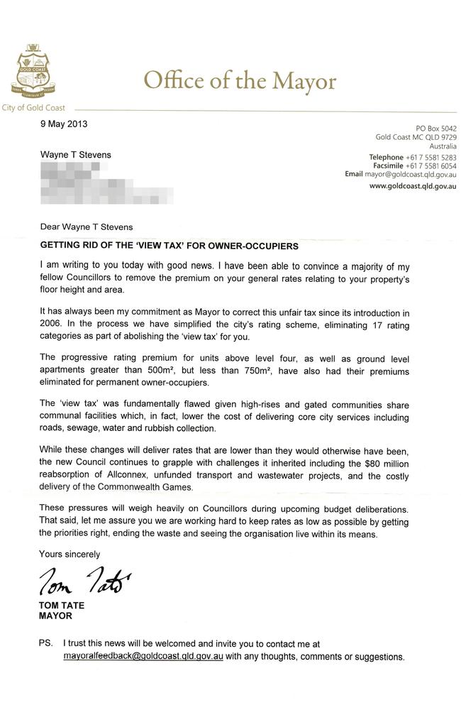 A 2013 letter from Mayor Tom Tate about the abolition of the 'View Tax'.