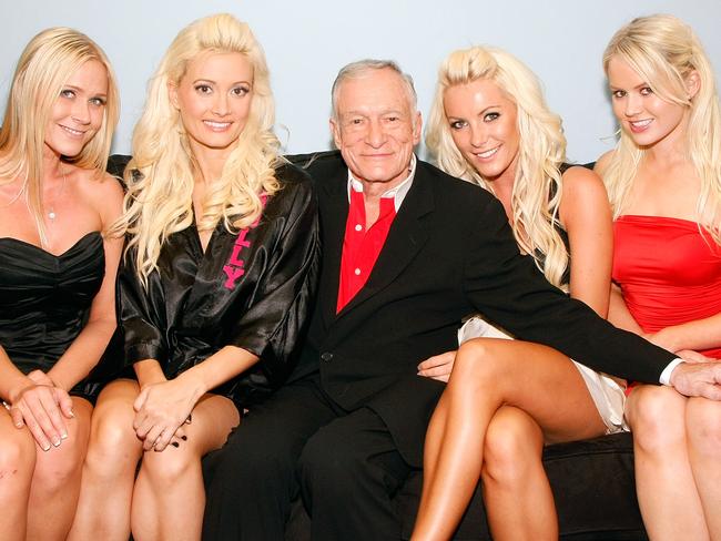 Star power... Melissa Taylor, television personality and model Holly Madison, Playboy founder Hugh Hefner, Crystal Harris and Anna Berglund in 2009. Picture: Ethan Miller/Getty