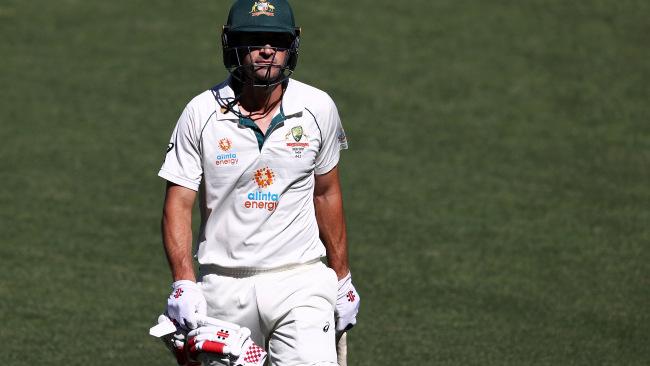 ADELAIDE, AUSTRALIA - DECEMBER 18: Joe Burns of Australia leaves the field after being dismissed by for lbw by Jasprit Bumrah of India during day two of the First Test match between Australia and India at Adelaide Oval on December 18, 2020 in Adelaide, Australia. (Photo by Ryan Pierse/Getty Images)