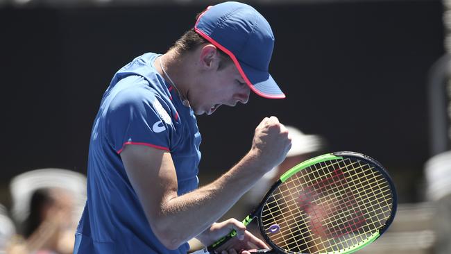 Alex de Minaur cruised past Gilles Simon to secure his place in the final at the Sydney International. Picture: AP 