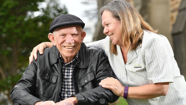 Gary Grillett with his lifesaver, Caroline Clarke. She has been nominated for a Pride of Australia award for her quick thinking. Picture: AAP/Keryn Stevens