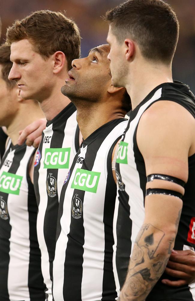 Travis Varcoe looked to the heavens as players paid tribute to his sister Maggie. Picture: Michael Klein