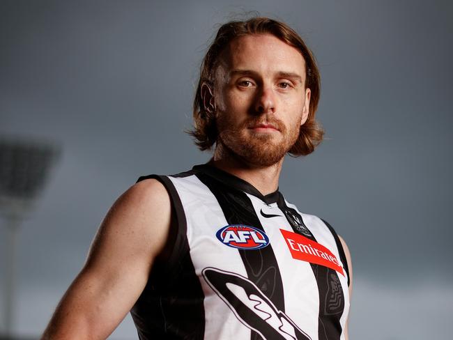 MELBOURNE, AUSTRALIA - MAY 16: Jordan Roughead of the Magpies poses for a photograph in the teams Indigenous guernsey during the 2022 Sir Doug Nicholls Round Launch at the Melbourne Cricket Ground on May 16, 2022 in Melbourne, Australia. (Photo by Michael Willson/AFL Photos via Getty Images)