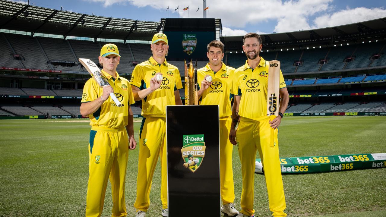 Jake Fraser-McGurk, Will Sutherland, Xavier Bartlett and Matt Short pose for a photo during a One Day International media opportunity at Melbourne Cricket Ground on February 01, 2024 in Melbourne, Australia. (Photo by Darrian Traynor/Getty Images)