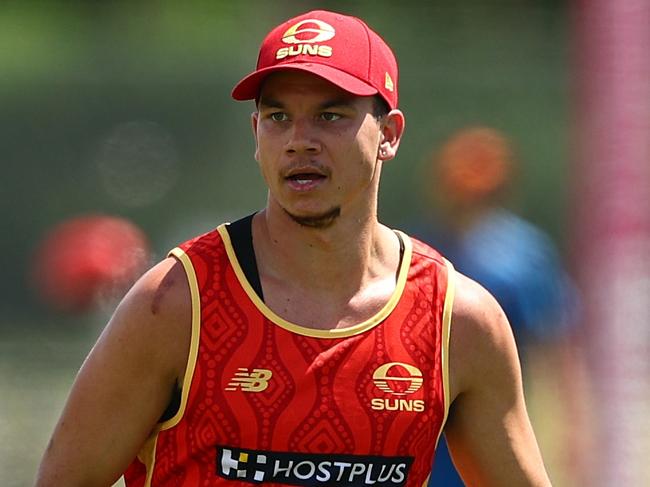 GOLD COAST, AUSTRALIA - NOVEMBER 25: Daniel Rioli during a Gold Coast Suns AFL training session at Austworld Centre Oval on November 25, 2024 in Gold Coast, Australia. (Photo by Chris Hyde/Getty Images)