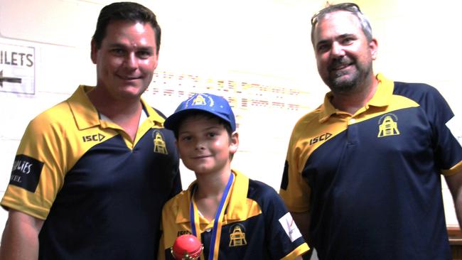 Todd Keogh and Alastair Lewis congratulate Jai Durie on his 5 wicket Haul. Picture: Supplied