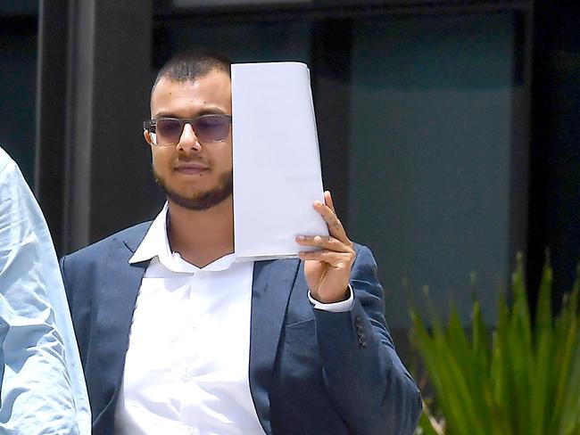 Taskeen Hassan leaves the Brisbane Magistrates Court after being convicted of distributing prohibited visual recordings of his former partner to Pornhub. Picture: NewsWire / John Gass