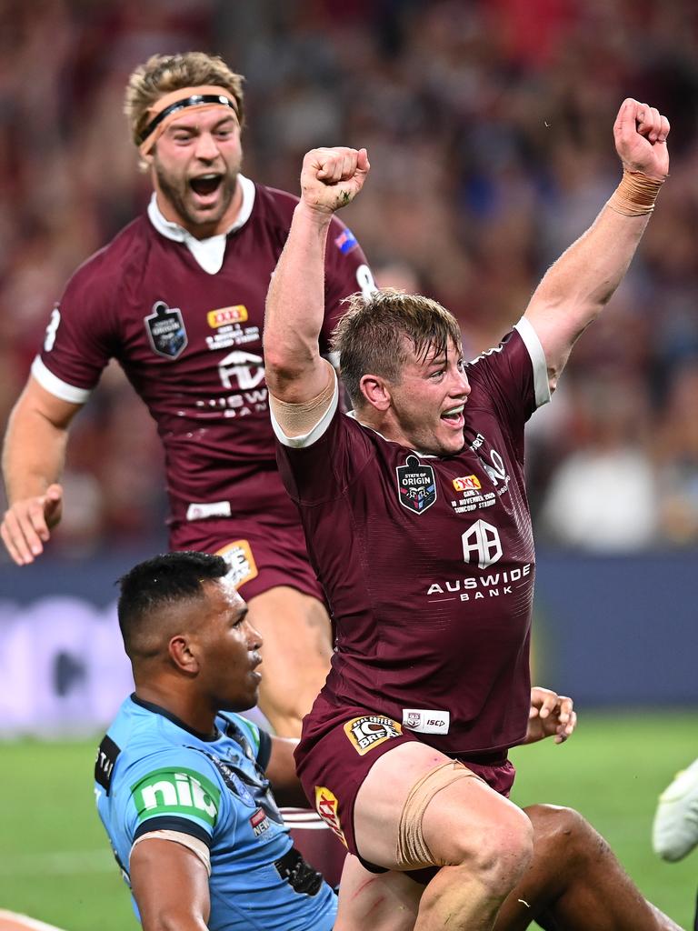 Harry Grant celebrates after scoring a try. (Photo by Bradley Kanaris/Getty Images)