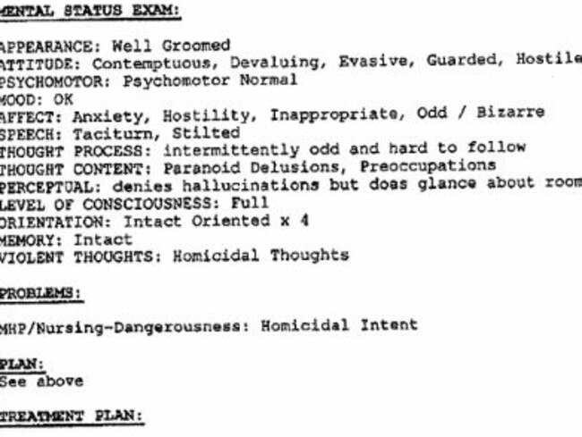 Psychiatric notes released to public. This one, a mental status exam, by Dr Fenton.