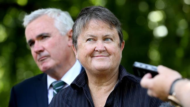 Independent Member for Denison, Andrew Wilkie, left, and business woman Jan Cameron at a press conference on the sale of VDL Co at Parliament House lawns in Hobart. Picture: SAM ROSEWARNE