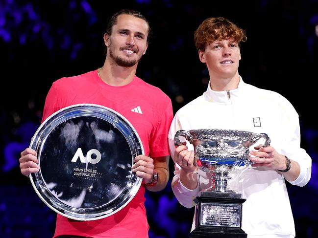 Italy's Jannik Sinner, right, and runners up Germany's Alexander Zverev after their men's singles final match. Picture: AFP