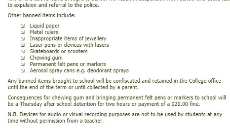 The college policy on detention and banned items.