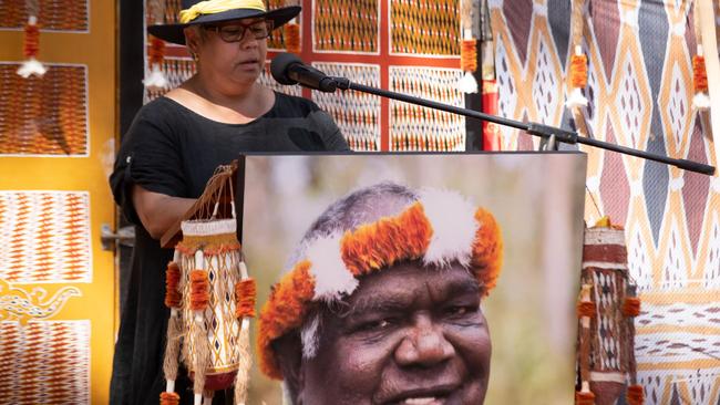 Yothu Yindi Foundation chief executive Denise Bowden speaks at Yunupingu's memorial. Picture: Peter Eve / Yothu Yindi Foundation