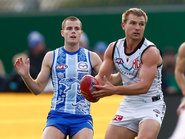 HOBART, AUSTRALIA – MAY 25: Ollie Wines of the Power in action during the 2024 AFL Round 11 match between the North Melbourne Kangaroos and Yartapuulti (Port Adelaide) at Blundstone Arena on May 25, 2024 in Hobart, Australia. (Photo by Michael Willson/AFL Photos via Getty Images)