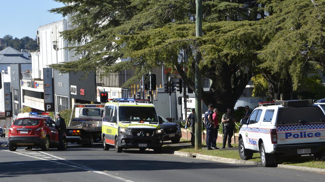 The dramatic arrest after the 31-year-old had led police on a dangerous chase through Toowoomba streets in a stolen car on Thursday, June 15, 2023. Picture: Rhylea Millar