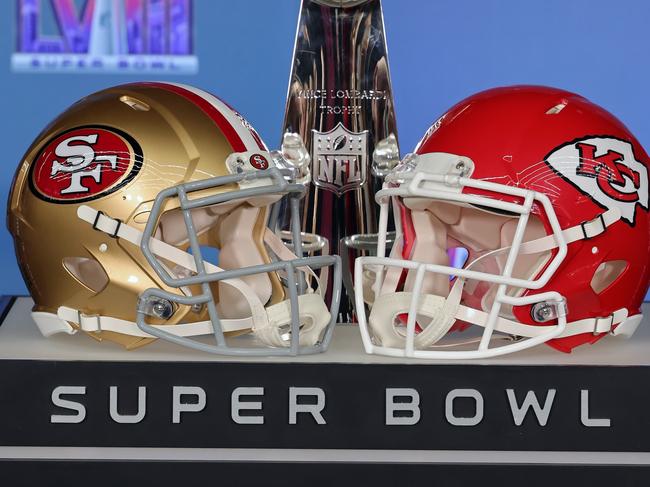 LAS VEGAS, NEVADA - FEBRUARY 05: A general view of the Vince Lombardi Trophy with the San Francisco 49ers and Kansas City Chiefs helmets during a press conference ahead of Super Bowl LVIII at Allegiant Stadium on February 05, 2024 in Las Vegas, Nevada. (Photo by Ethan Miller/Getty Images)