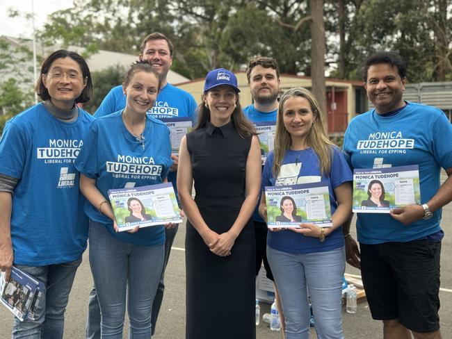 Liberal candidate for Epping Monica Tudehope (centre( with Parramatta councillors Carla Kassab and Sreeni Pillamarri long with campaign volunteers. Picture: Amaani Siddeek