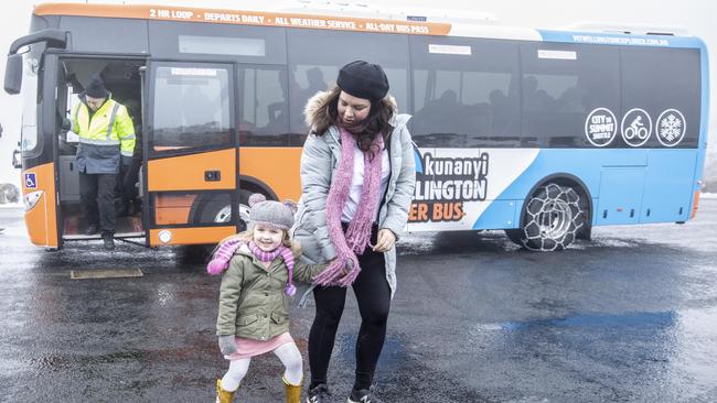 Maggie, 4, and Jo O’Reilly, of West Hobart, took the bus to the top of Mt Wellington on Wednesday. Picture: EDDIE SAFARIK