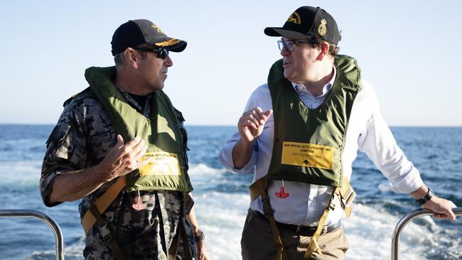 Head of Nuclear Powered Submarine Capability Rear Admiral Matthew Buckley with Veterans’ Affairs Minister Matt Keogh (right) during transit aboard USS Ashville.