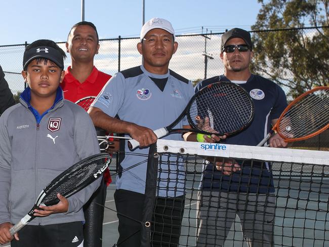 Nepalese players Jagendra Khadka, Balllu bhandari, Umesh budhathoki, Resham gurung and Vesh thapa with children Aarya bhandari and Aaryush khadka at the Marion Tennis Club.